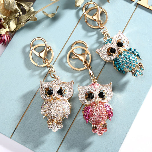 Creative bag pendant diamond-encrusted cartoon owl metal keychain small gift