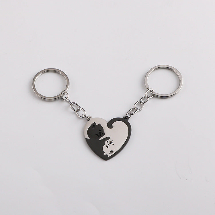 Love cat keychain pendant male and female couples waist hanging stainless steel key chain ring bag hanging accessories