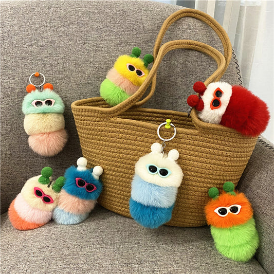 Cute caterpillar keychain cartoon plush doll bag pendant Creative car key chain small gift