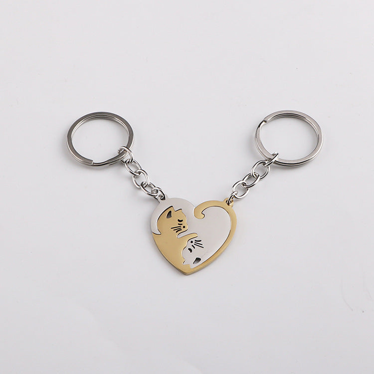 Love cat keychain pendant male and female couples waist hanging stainless steel key chain ring bag hanging accessories